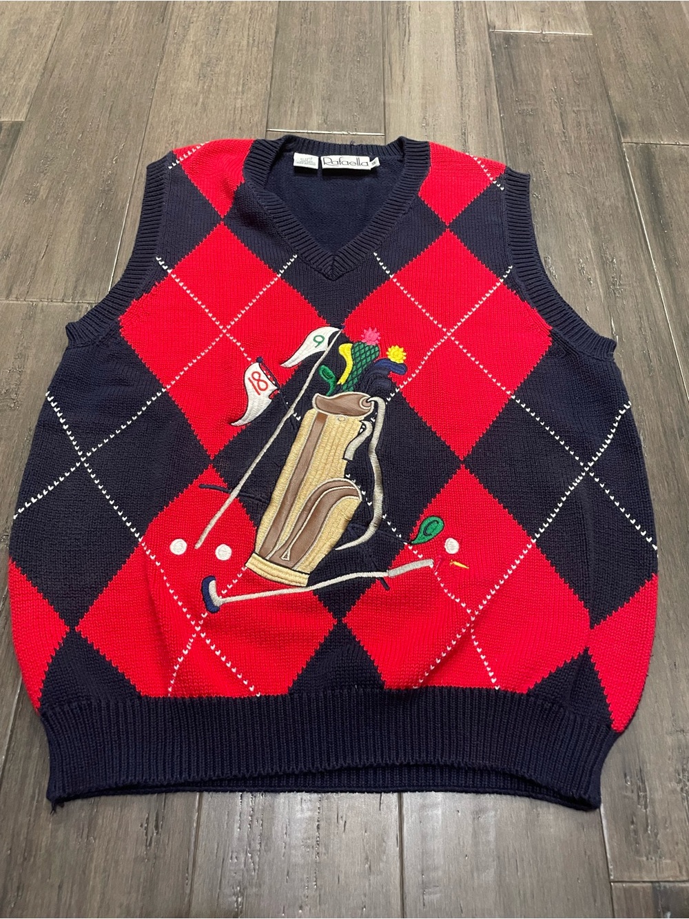 Vintage Rafaella Golf Sweater Vest Small Red Navy Argyle Embroidered Golf Bag